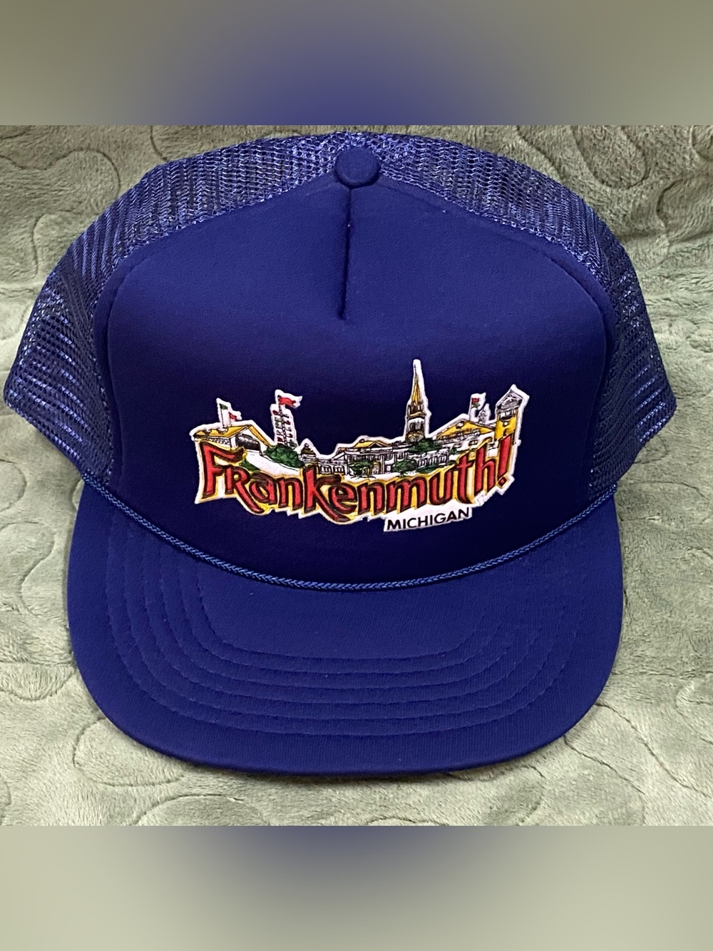 Vintage Blue FRANKENMUTH MICHIGAN Heat Sealed Logo Mesh Trucker Snapback Hat